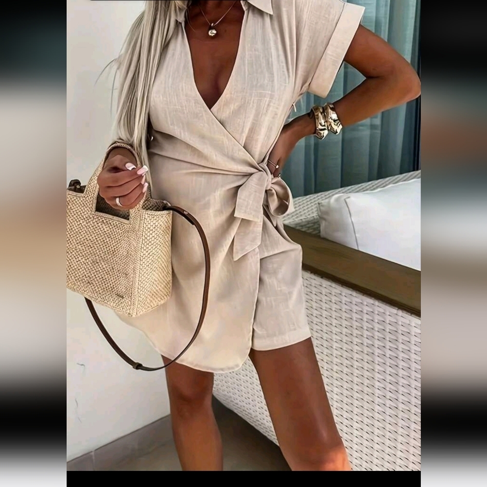 Women's Sexy V-Neck Tie-Front Short Sleeve Bodycon Jumpsuit Romper - Soli - Picture 1 of 4